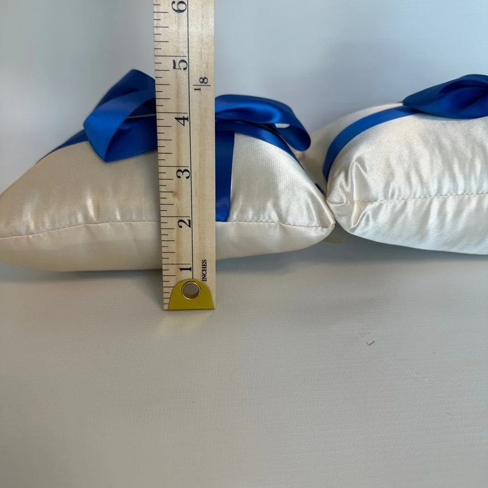 Wedding Ring Bearer Pillow Ivory Satin Royal‎ Blue Ribbon Bow Set of 2